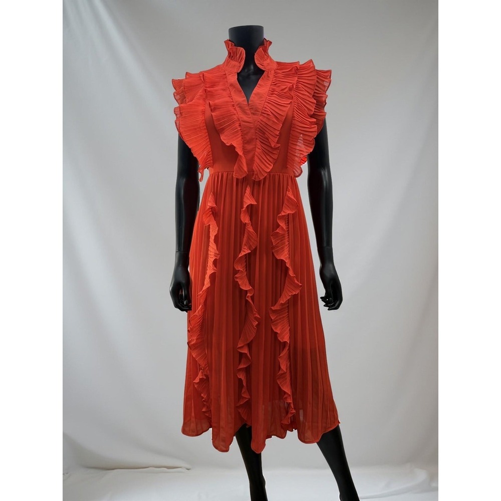 Liu Han Red Chiffon Ruffle Pleated A-Line Midi Dress Size M Cocktail - Picture 3 of 9